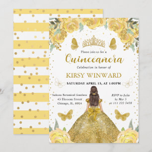 Invitation Princesse Brunette en Robe Dorée pour Quinceañera