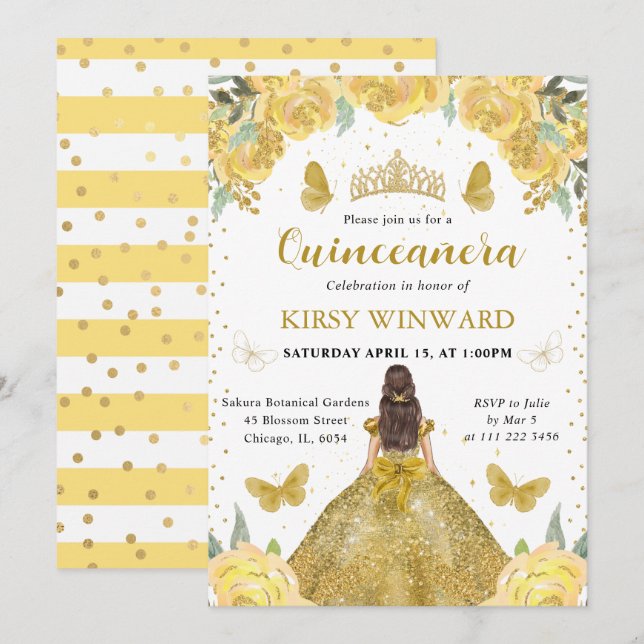 Invitation Princesse Brunette en Robe Dorée pour Quinceañera (Devant / Derrière)