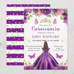 Invitation Princesse Brunette en Robe Violette pour Quinceane