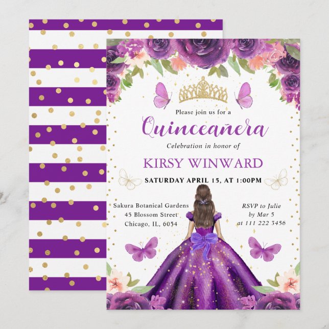 Invitation Princesse Brunette en Robe Violette pour Quinceane (Devant / Derrière)