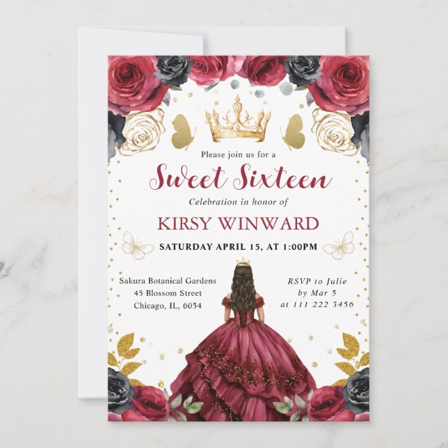 Invitation Princesse Brunette Robe Rouge Sweet 16 (Devant)