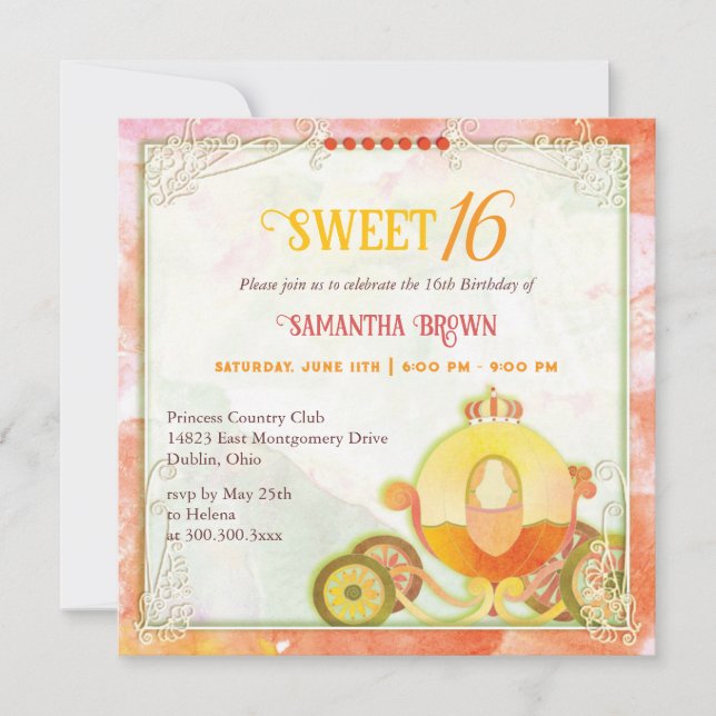 Invitation Princesse Carriage Sweet 16 Anniversaire (Devant)