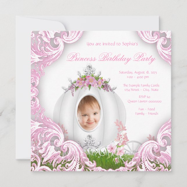 Invitation Princesse Carrosse Photo Anniversaire Blanc (Devant)