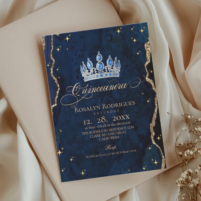 Invitation  Princesse Céleste Quinceanera Bleu Or Étoiles (Créateur téléchargé)
