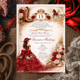 Invitation Princesse Charra Rouge et Or Western 15 Ans Mexica