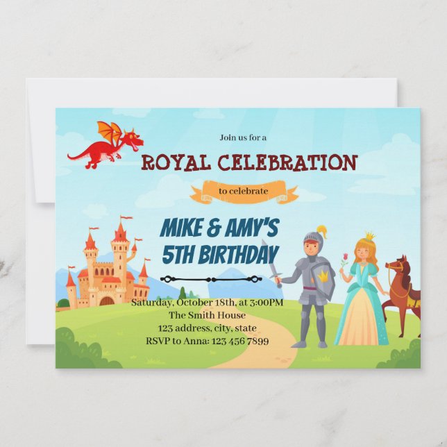 Invitation Princesse chevalier anniversaire fratrie (Devant)