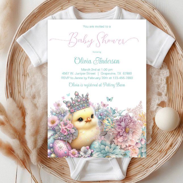 Invitation Princesse Chick Baby shower (Sweet baby girl chick with pretty crown, eggs, confetti and butterflies on a floral background.)