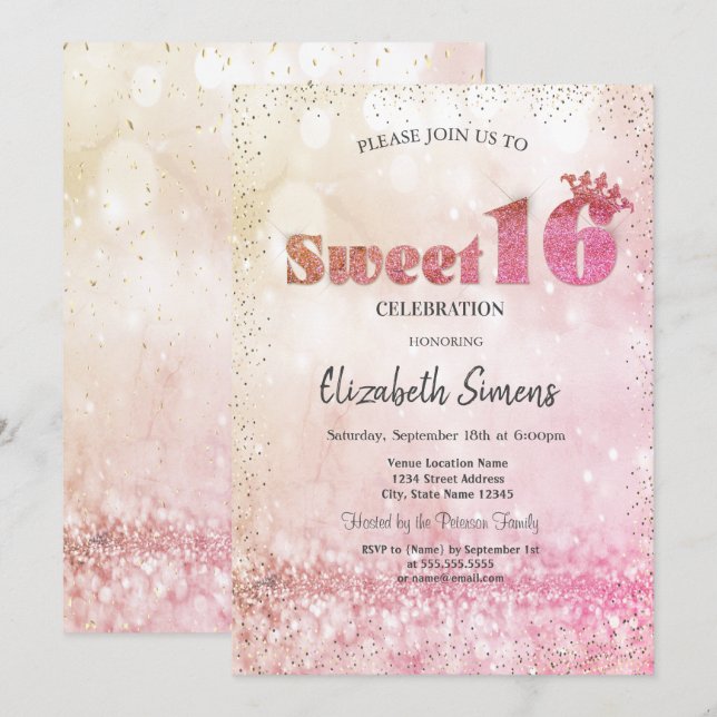 Invitation Princesse Confettis Dorés Bokeh Sweet 16 (Devant / Derrière)