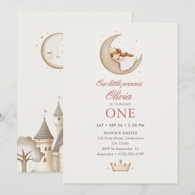 Invitation Princesse Conte de Fée Aquarelle 1er Anniversaire  (Devant / Derrière)