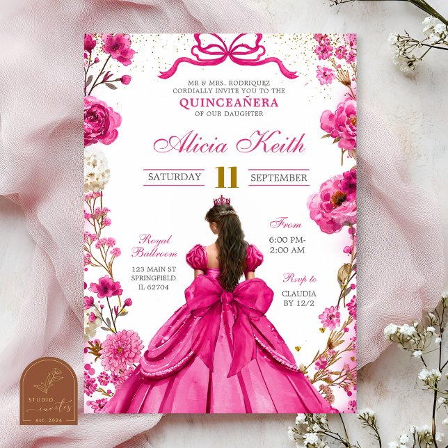 Invitation princesse coquette fuchsia pour quincea (Créateur téléchargé)