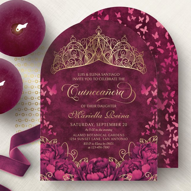 Invitation Princesse Couronne Bourgogne Papillons Quinceanera (Créateur téléchargé)