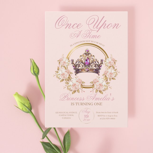 Invitation Princesse Couronne d'or rose 1er anniversaire (Créateur téléchargé)