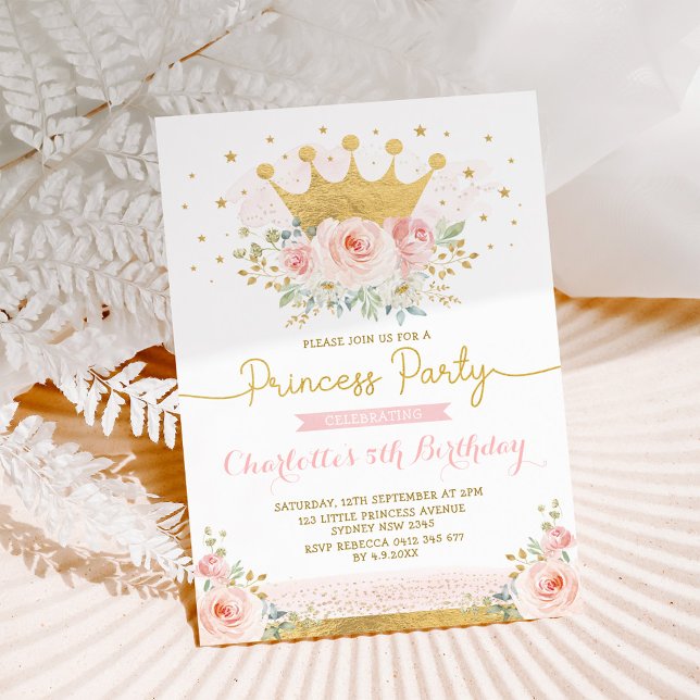 Invitation Princesse Couronne d'or rose Anniversaire Blush Fl (Créateur téléchargé)