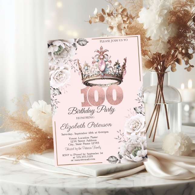 Invitation Princesse Couronne Florale Fête des 100 ans (Créateur téléchargé)
