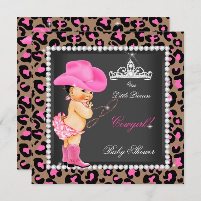 Invitation Princesse Cowgirl Baby shower rose Brown Brunette (Devant / Derrière)