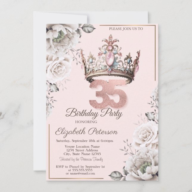 Invitation Princesse Crown Floral 35e fête d'anniversaire (Devant)