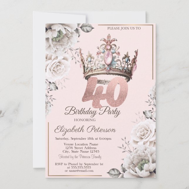 Invitation Princesse Crown Floral 40e fête d'anniversaire (Devant)