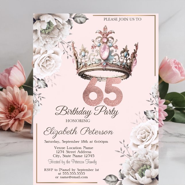 Invitation Princesse Crown Floral 65e fête d'anniversaire (Créateur téléchargé)