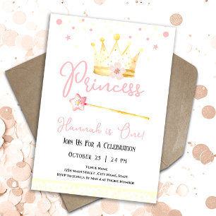 Invitation Princesse Crown Pink 1ère Fille Anniversaire