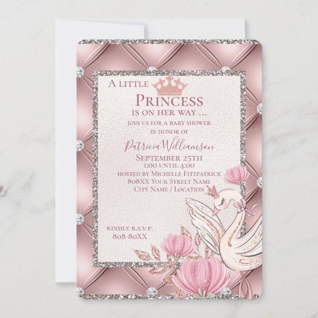 Invitation Princesse Cygne sur Rose Glamour avec Diamants (Devant)