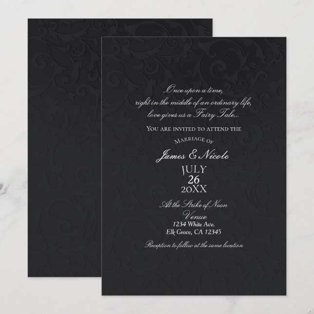 Invitation Princesse Damask Noir Élégant Mariage Conte de Fée (Devant / Derrière)