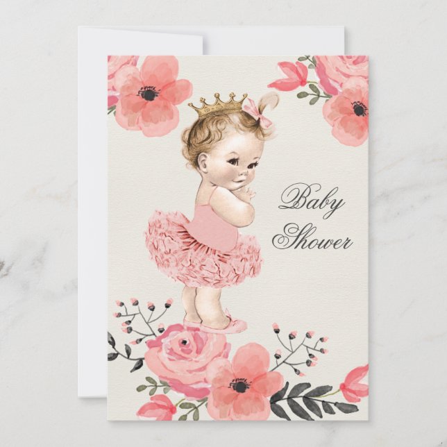 Invitation Princesse dans Tutu Baby shower aux fleurs d'aquar (Devant)