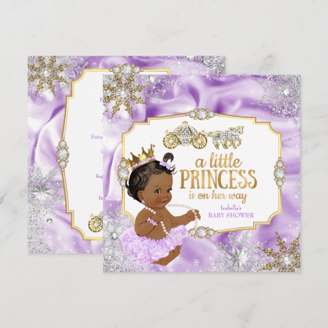 Invitation Princesse de Carrosse Baby Shower Violet Ethnique (Devant / Derrière)