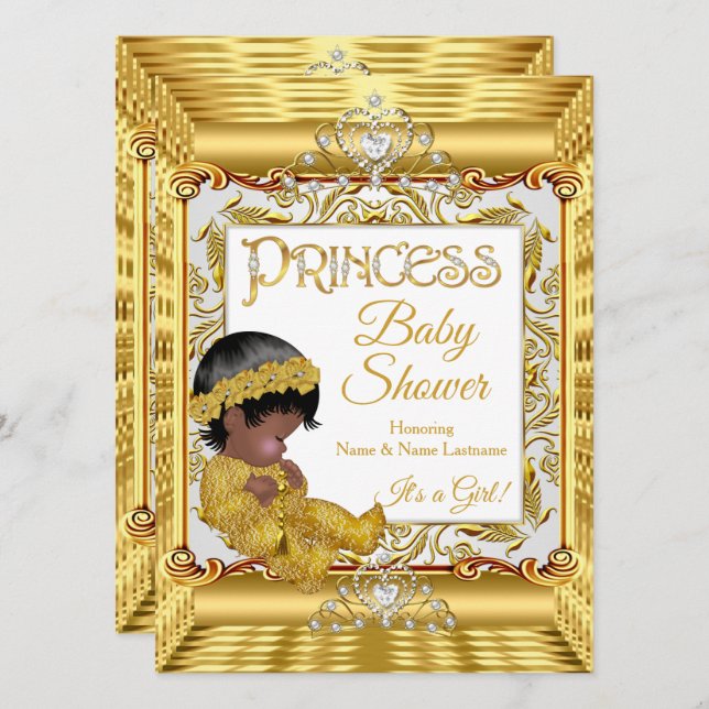 Invitation Princesse de couleur foncée dorée Baby Shower Or e (Devant / Derrière)