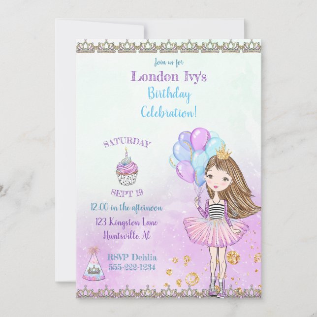 Invitation Princesse de la Fête d'Anniversaire Gâteau Ballons (Devant)