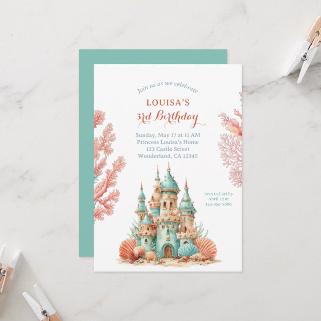Invitation Princesse de la Mer Château de Sable Anniversaire  (Devant/Arrière en situation)