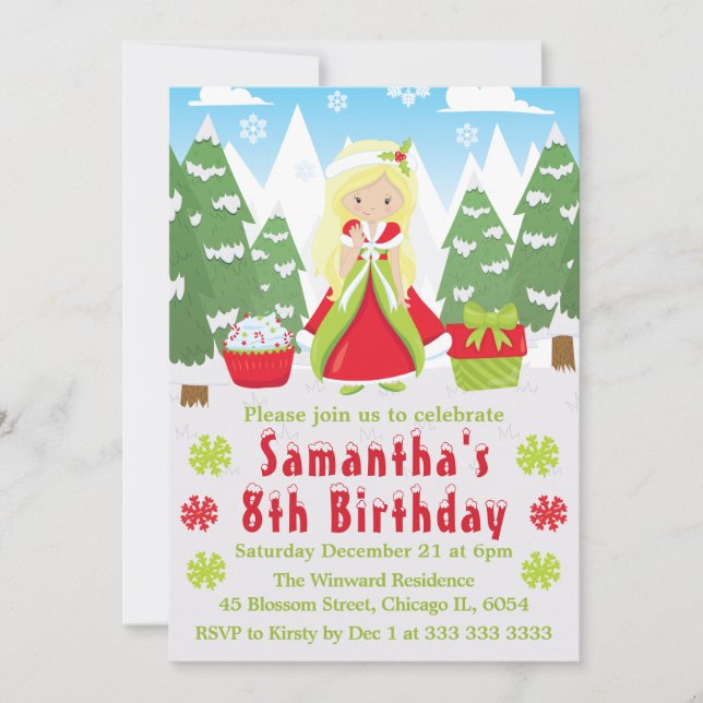 Invitation Princesse de Noël blonde Scène d'hiver Anniversair (Devant)
