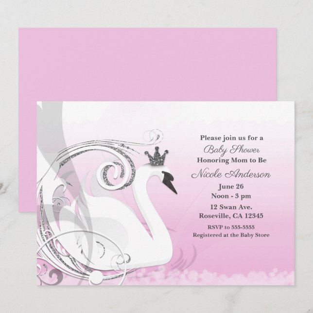 Invitation Princesse des cygnes Silver White Fête de Bébé Ros (Devant / Derrière)