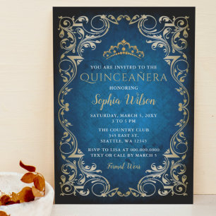 Invitation Princesse d'or bleu vintage Tiara Quinceañera