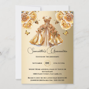 Invitation Princesse d'or Quinceañera papillon rose