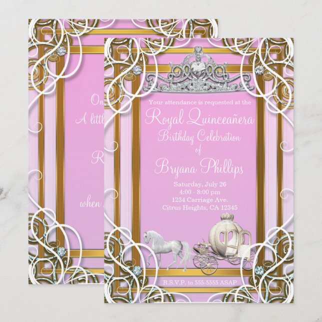 Invitation Princesse d'or rose Couronne & Carriage Quinceañer (Devant / Derrière)