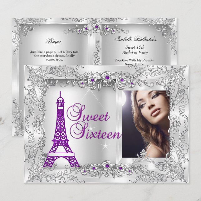 Invitation Princesse Douce 16 violet Argent Photo Fête (Devant / Derrière)