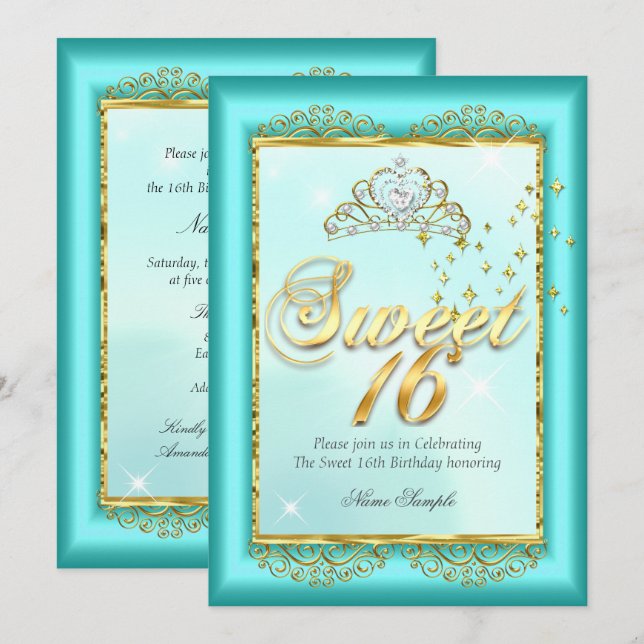 Invitation Princesse Douze Ans Bleu Turquoise Or Fête d'Anniv (Devant / Derrière)