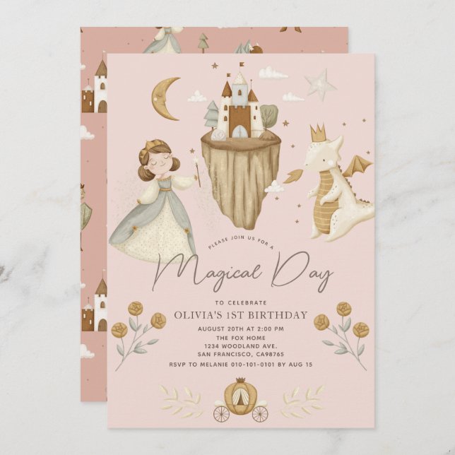 Invitation Princesse & Dragon Boho Fairytale Rose 1er anniver (Devant / Derrière)