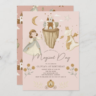 Invitation Princesse & Dragon Boho Fairytale Rose 1er anniver