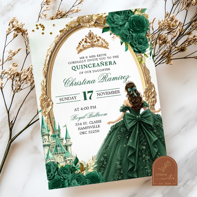 Invitation Princesse du Conte de Fées Vert Émeraude Quinceane (Créateur téléchargé)