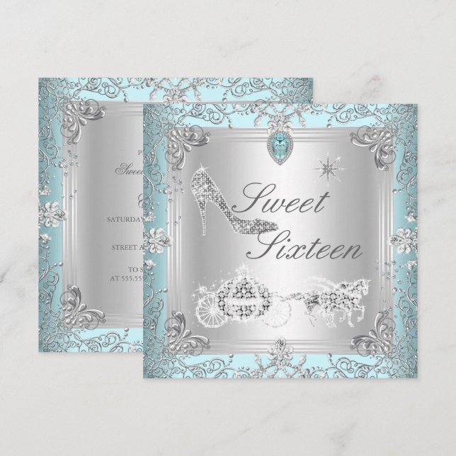 Invitation Princesse Élégant Diamant Bleu Sweet 16 Seize (Devant / Derrière)