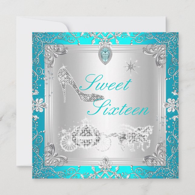 Invitation Princesse Élégant Diamant Turquoise Douce 16 Seize (Devant)
