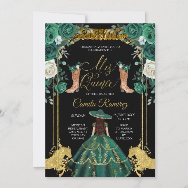 Invitation Princesse Emerald Green & Gold Charra Mis Quince (Devant)