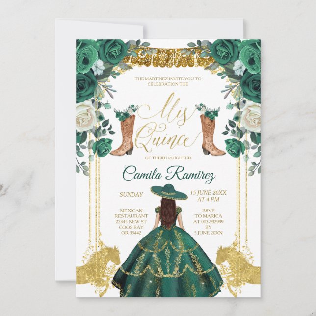 Invitation Princesse Emerald Green & Gold Girl Sweet 15e (Devant)