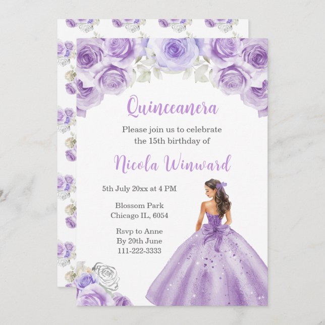 Invitation Princesse en Dusty Robe violette Quinceanera (Devant / Derrière)
