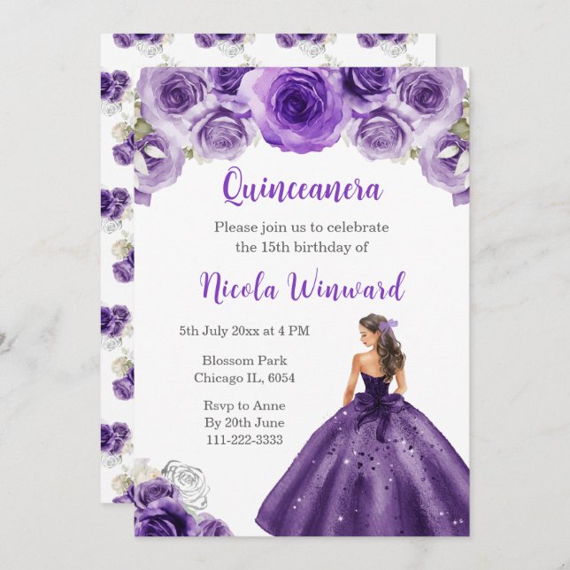 Invitation Princesse en Robe violette foncée Quinceanera (Devant / Derrière)