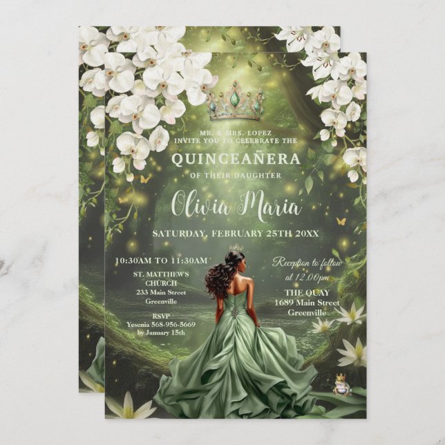 Invitation Princesse Enchanteresse & Grenouille Robe Verte Qu (Devant / Derrière)