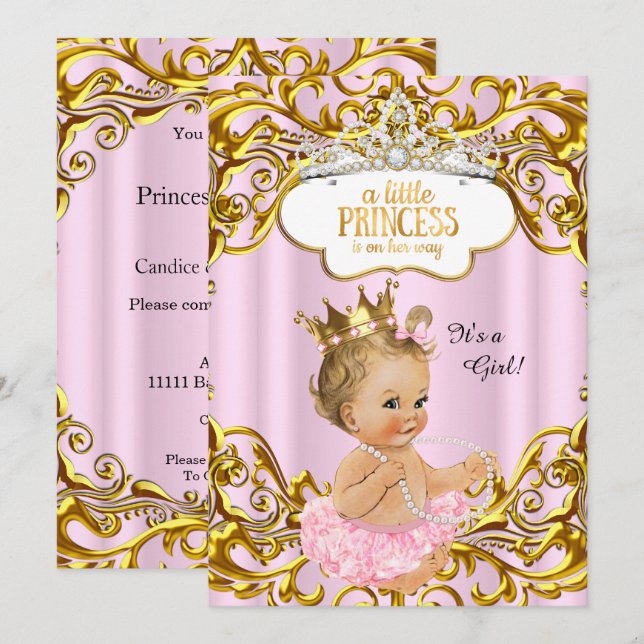 Invitation Princesse est en chemin Baby shower Pink Blonde (Devant / Derrière)