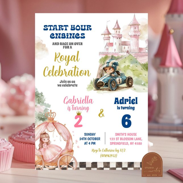 Invitation Princesse et garçon de la voiture de course Annive (Créateur téléchargé)