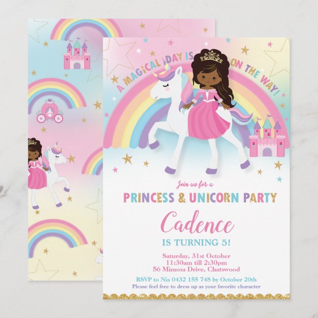 Invitation Princesse et licorne Anniversaire Africain-América (Devant / Derrière)